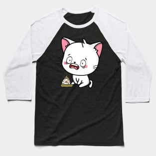 Funny white Cat steps on a dirty diaper Baseball T-Shirt